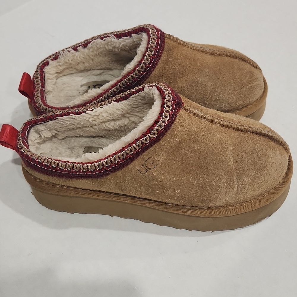 UGG Tan Suede Slip-Ons with Red Trim Tazz Platform
